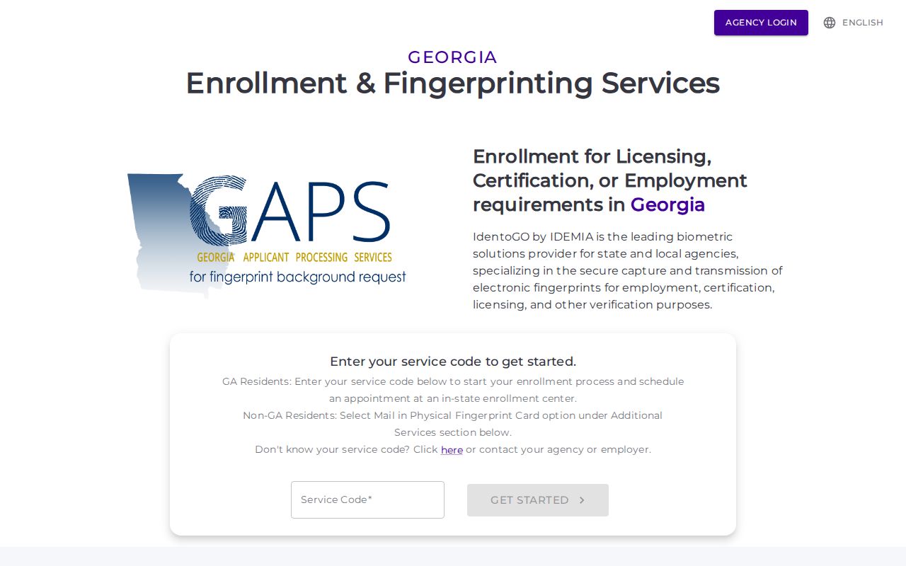 Georgia Applicant Processing Service fingerprint registration page