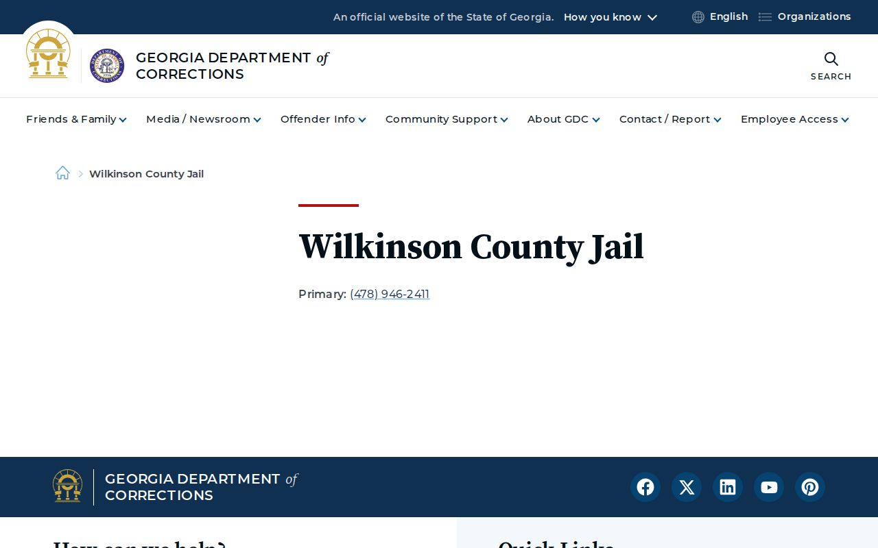 Georgia Department of Corrections Wilkinson County Jail directory entry