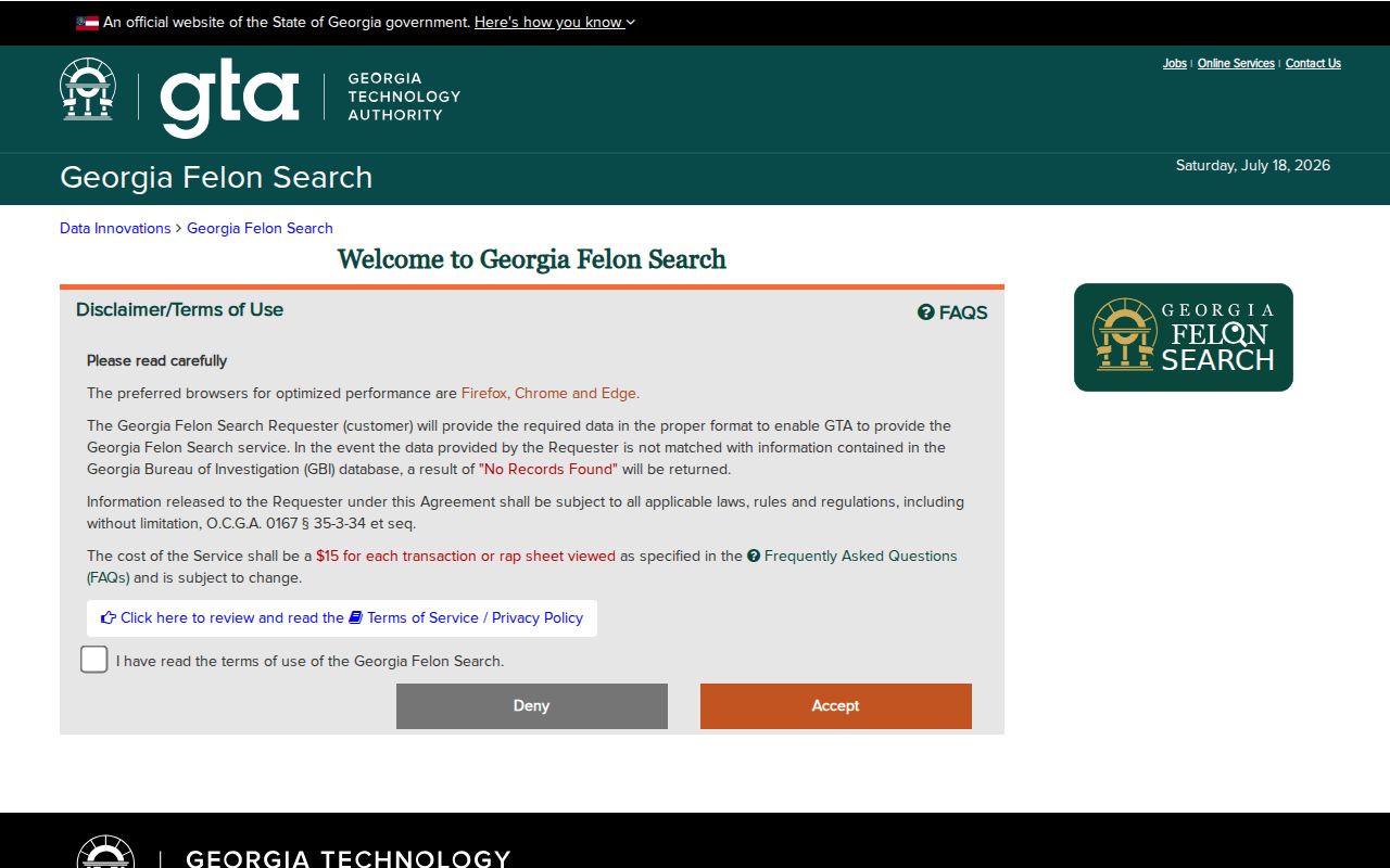 Official Georgia Felon Search entry for Wilkinson County record research