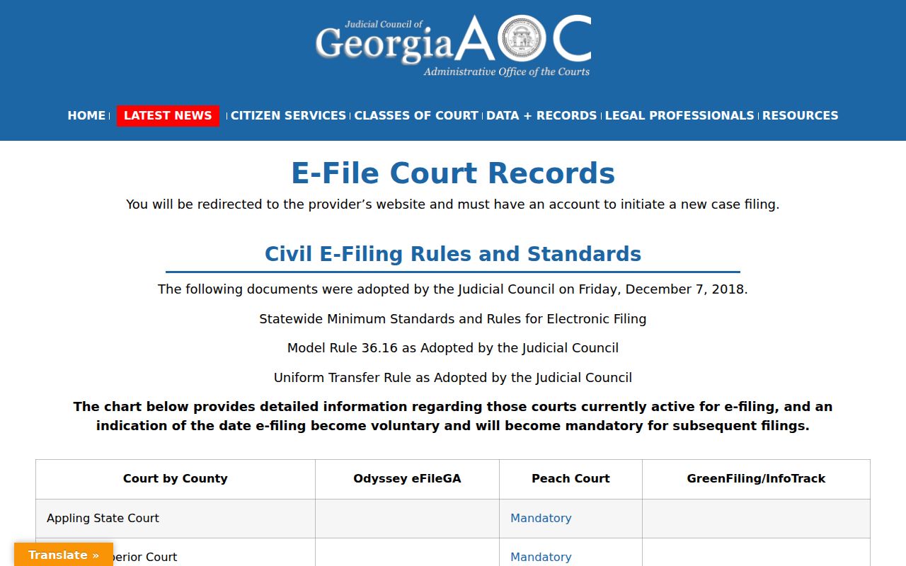 Georgia court e-filing directory for court records